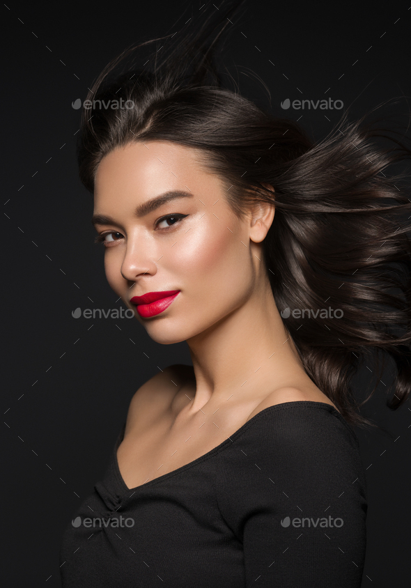 Palads Pil Amorous Asian beauty woman face natural makeup red lipstick Stock Photo by kiraliffe