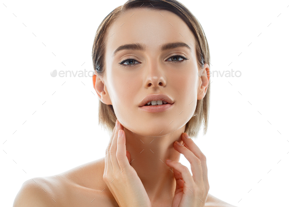 Beauty Woman face with hands. Portrait. Beautiful Spa model Girl with Perfect Fresh Clean - Stock Photo - Images