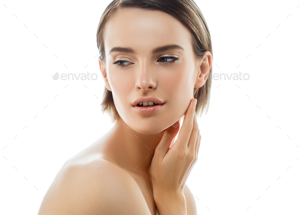 Beauty Woman face with hands. Portrait. Beautiful Spa model Girl with Perfect Fresh Clean - Stock Photo - Images