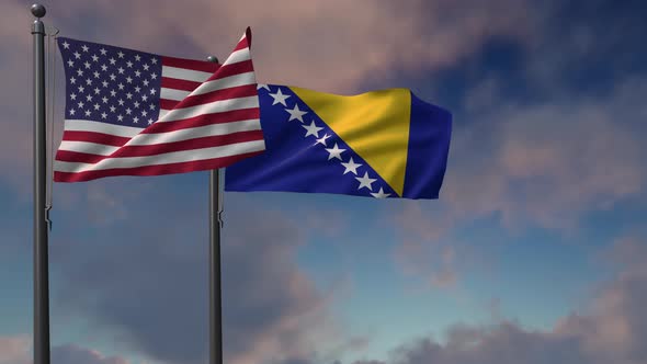 Bosnia And Herzegovina Flag Waving Along With The National Flag Of The USA - 4K alt