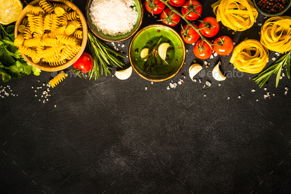 Food Cooking Background At Black Table Top View Stock Photo By Nadianb