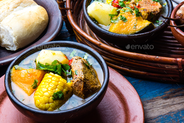 Latin American food. Traditional chilean pork soup cazuela. Cazuela Chilena - Stock Photo - Images