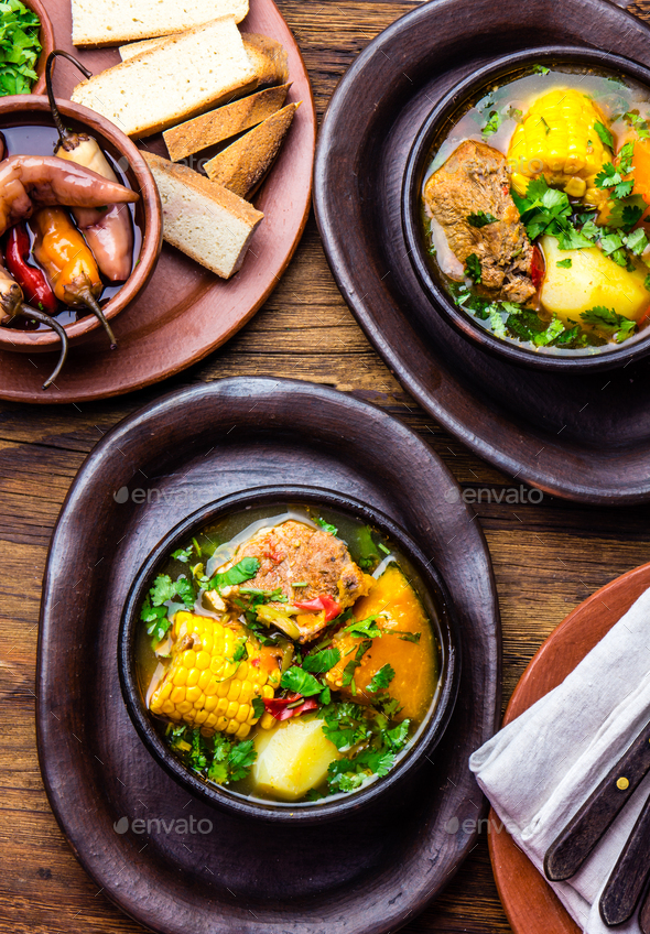 Latin American food. Traditional chilean pork soup cazuela. Cazuela Chilena - Stock Photo - Images