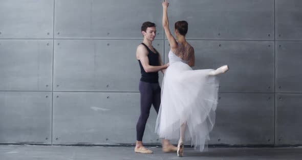 Elegant Couple of Classical Ballet Dancers Rehearsing a Dance on a Gray Background Romantic Dance of alt