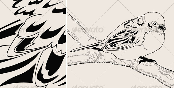 Hand drawn sparrow bird on a branch - Animals Characters