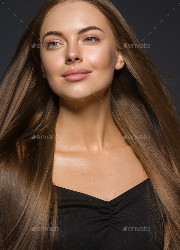Long smooth brunette healthy hair woman portrait