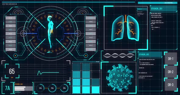 Animation of the human body analyzed on a screen, lungs and heart beat analyzed alt