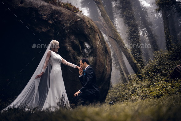 Lovely couple of newlyweds - bride and groom at beautiful mystery forest with amazing autumn fog.