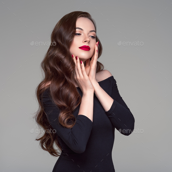 Beautiful long hair woman brunette hairstyle red lips hollywood waves Stock  Photo by kiraliffe