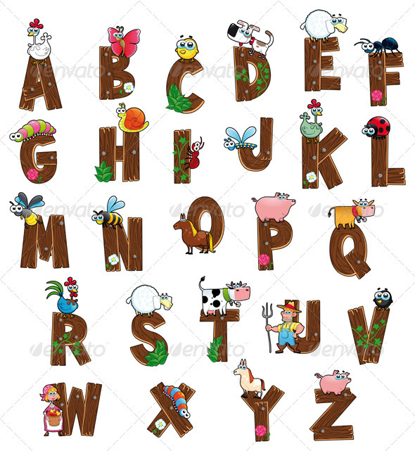 Alphabet with animals and farmers. - Animals Characters