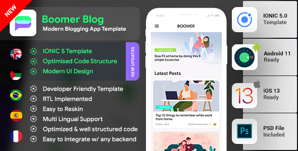 Modern Blogging Android App Template + iOS App Template (HMTL + Css) IONIC 5 | Boomer