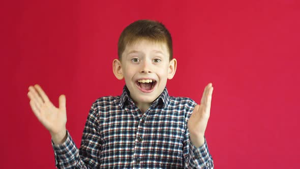 Portrait of a Caucasian cute boy 7-8 years old opening his eyes with his hands and looking surprised alt