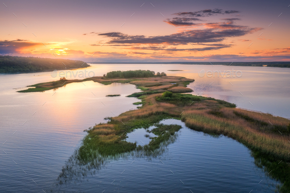 Aerial view of beautiful small islands on the river - Stock Photo - Images
