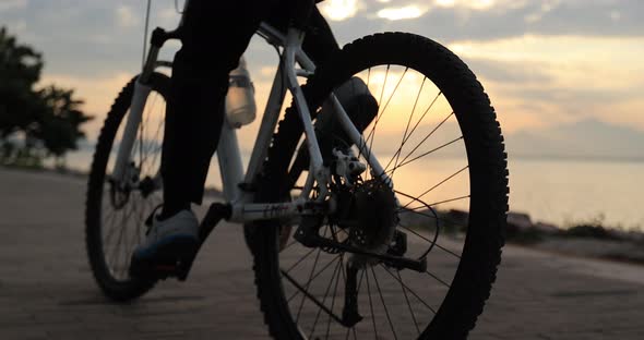 Riding bike on the sunrise coast path, slow motion alt