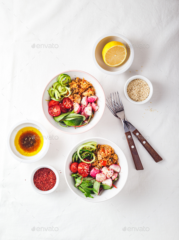 Fresh salad with couscous, tomatoes, cucumber, radish and chard. - Stock Photo - Images