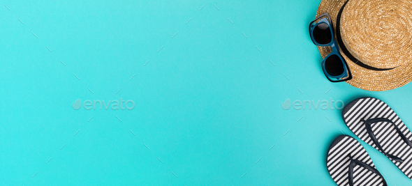 Beach accessories on blue background.Summer vacation. Creative concept.Travel mood to the sea. - Stock Photo - Images