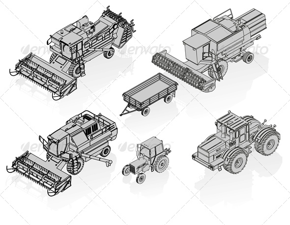 Vector Agricultural Vehicles Isometric Set - Man-made Objects Objects