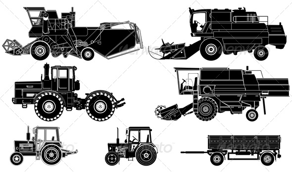 Vector Agricultural Vehicles Silhouettes Set - Man-made Objects Objects
