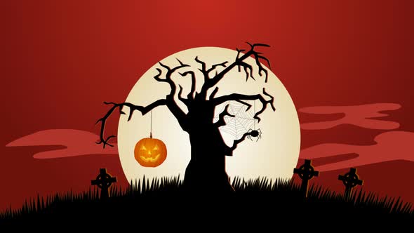 A Creepy Graveyard Halloween Background Scene. Spooky Fear Pumpkin on tree.