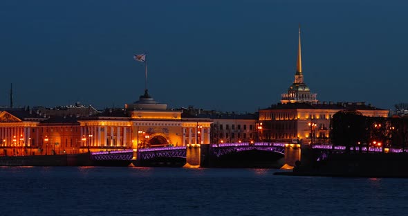 Russia SaintPetersburg in Dusk Landmarks of City in Night Illumination Rostral Columns Palace Bridge alt