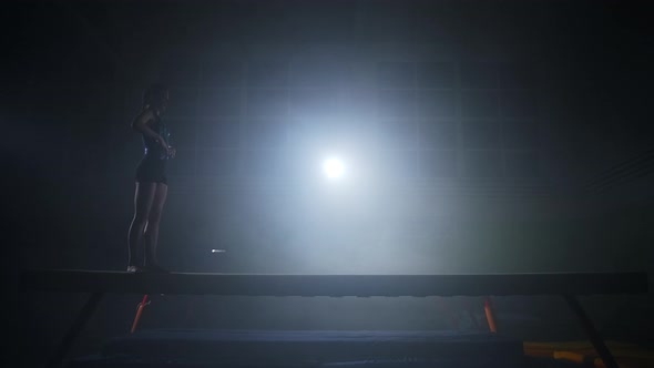 Professional Sportsperson is Performing on Balance Beam Young Girl is Walking Over Artistic alt