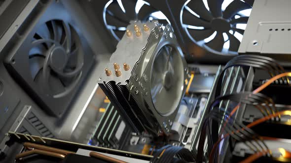 Motherboard (mobo) or mineboard holding CPU, GPU, RAM, SSD and cooling fans. alt