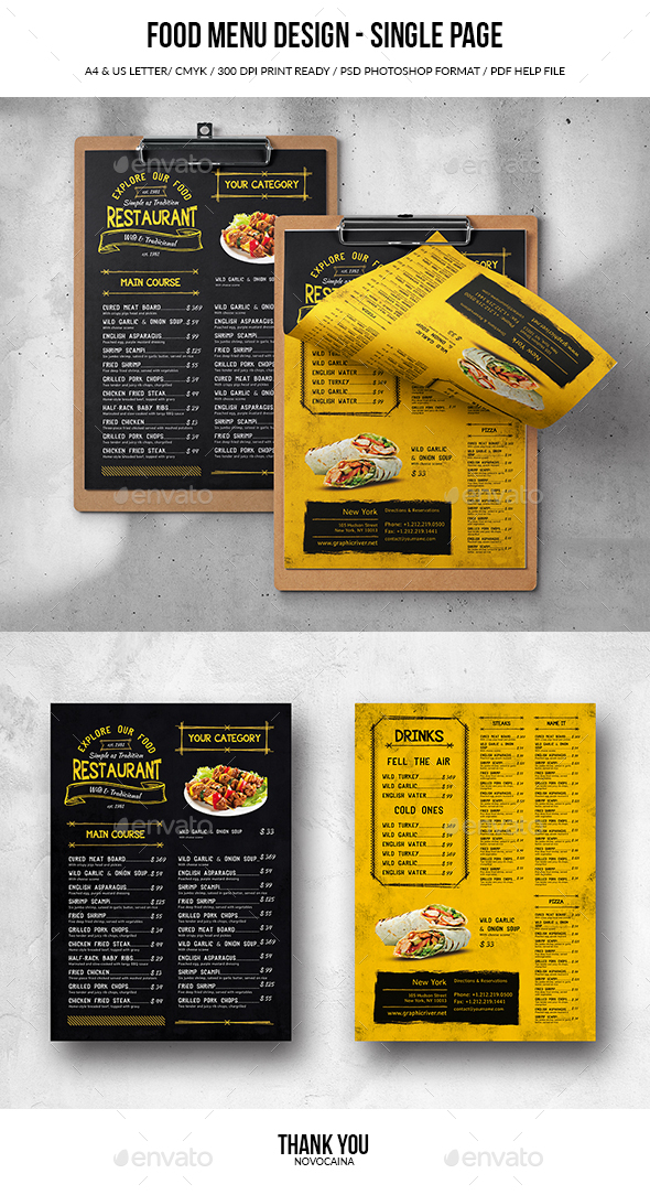 Single Page A4 US Letter Food Menu, Print Templates GraphicRiver