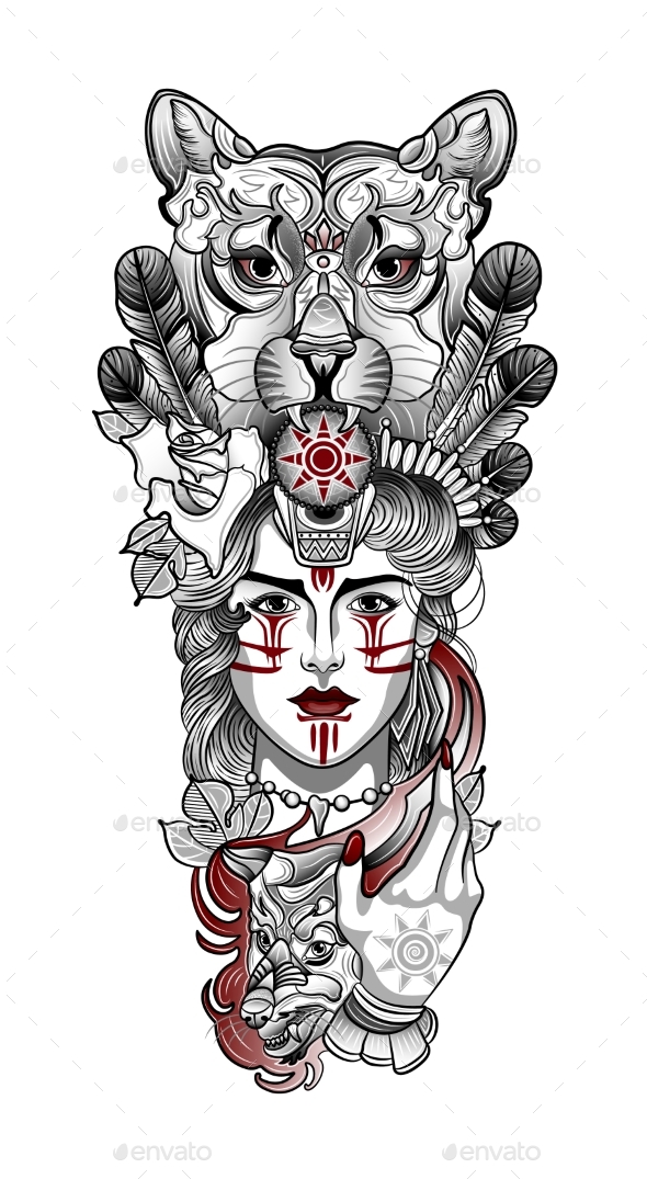 Werewolf Girl in Panther Mask and Wolf Cub