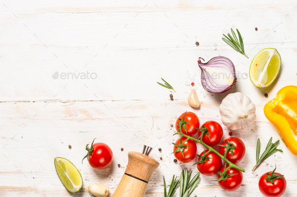 Food cooking background on white wooden table - Stock Photo - Images