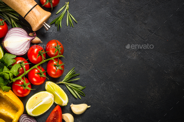 Food cooking background on black table Stock Photo by Nadianb | PhotoDune