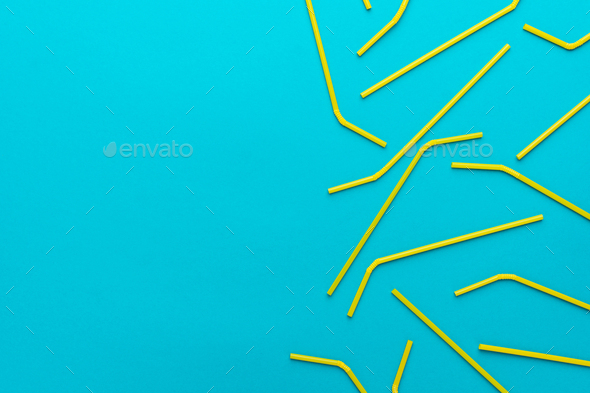 Top View Of Cocktail Straws On Turquoise Blue Background With Copy Space - Stock Photo - Images