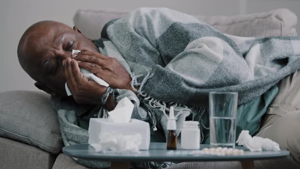 Sad Ill Elderly African American Man Lies on Couch Wrapped in Warm Blanket Mature Old Grandpa alt