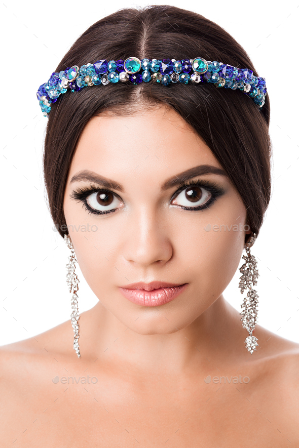 Portrait Of Beautiful Brunette Woman With Big Earring And Shinny Accessories In Hair Perfect Arabic Stock Photo By Studiolucky