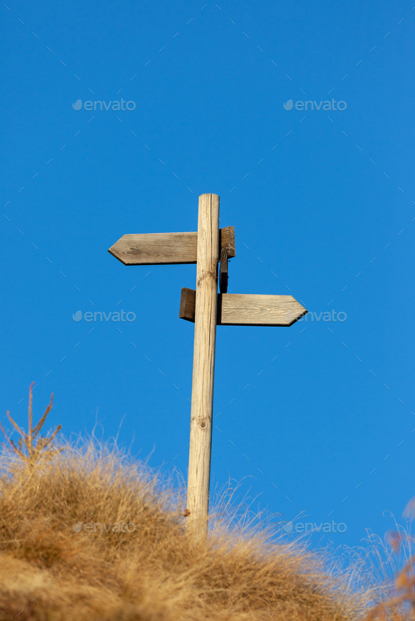 Wooden signpost and blue sky. Copy space on the top. - Stock Photo - Images