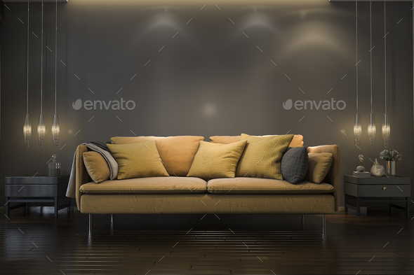 3d Rendering Retro Luxury Yellow Soft Sofa In Minimal Black Living Room With Lamp Stock Photo By Dit26978