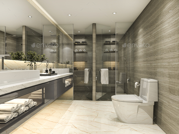 3d rendering modern classic bathroom with luxury tile decor Stock Photo by  dit26978