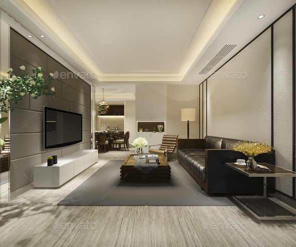 3d rendering modern dining room and living room with luxury decor and  leather sofa Stock Photo by dit26978