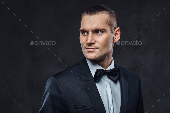 Portrait of a handsome stylish wearing elegant classical suit with a bow tie.