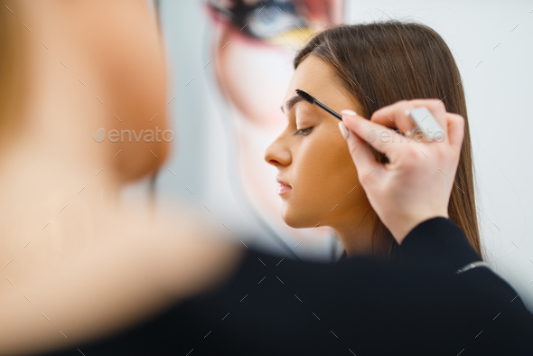 Cosmetician puts makeup on a woman\'s face