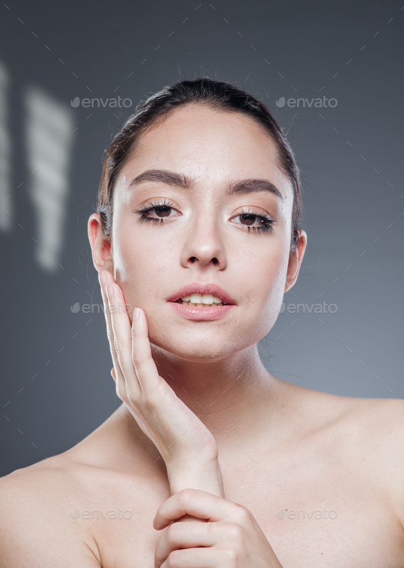 Beautiful smile woman face naturaltanned skin make up beauty female happy positive - Stock Photo - Images