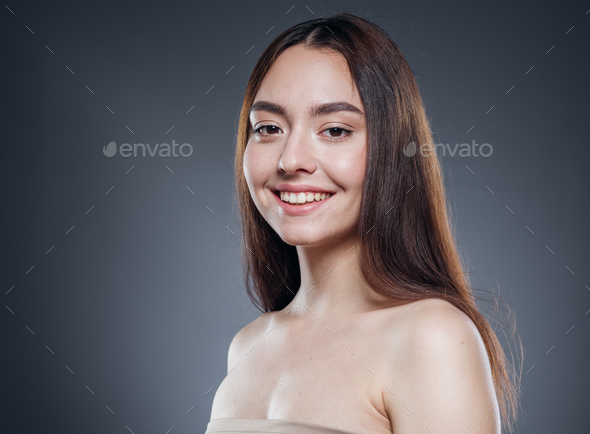 Beautiful smile woman face naturaltanned skin make up beauty female happy positive - Stock Photo - Images