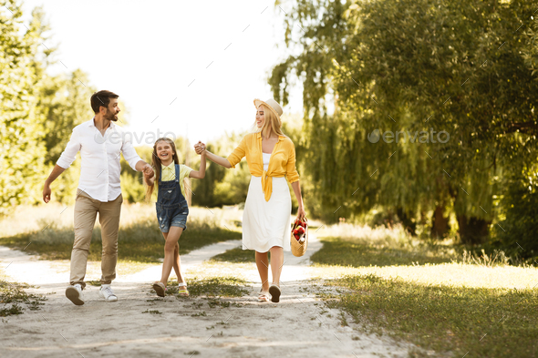 Family Walking Together Holding Hands In Nature Going On Picnic