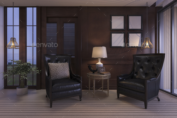 3d rendering luxury living room with classic furniture in twilight scene