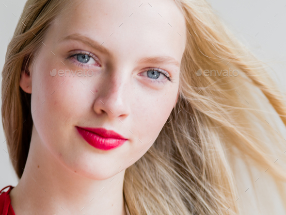 Nice Woman In Red Dress Blonde Short Hair Fashion Female Portrait Cute