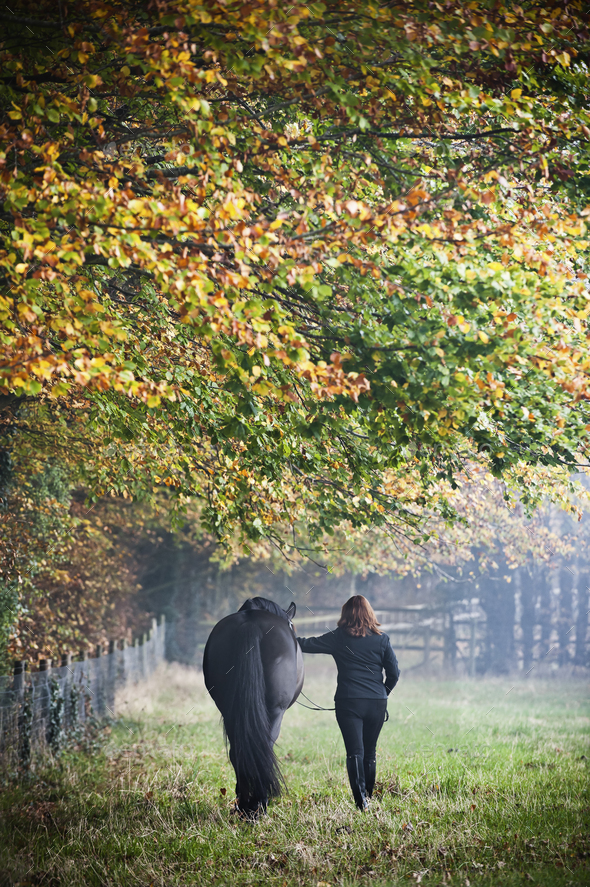 A woman walking with a horse in an autumn meadow.