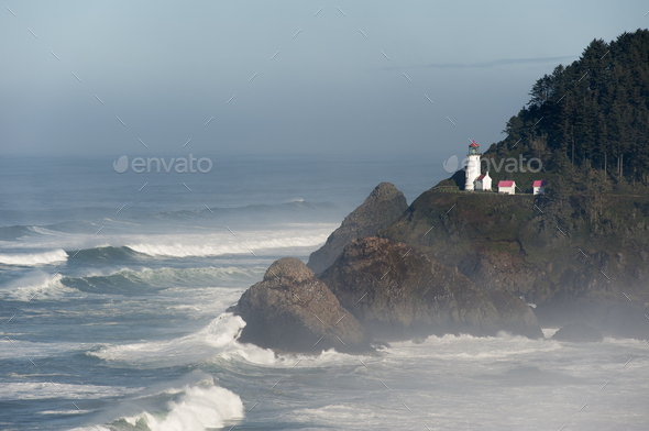 Heceta Head historic lighthouse on the Pacific coastline. - Stock Photo - Images