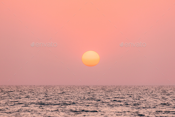 Natural Color Sunset Sunrise Sky Over Sea Seascape With Shining Setting Sun On Sea Horizon Stock Photo By Grigory Bruev