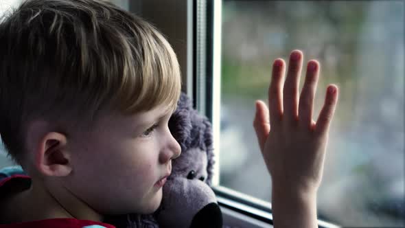 Little Boy Stares Sadly Out of a Window with a Teddy Bear in Her Arms