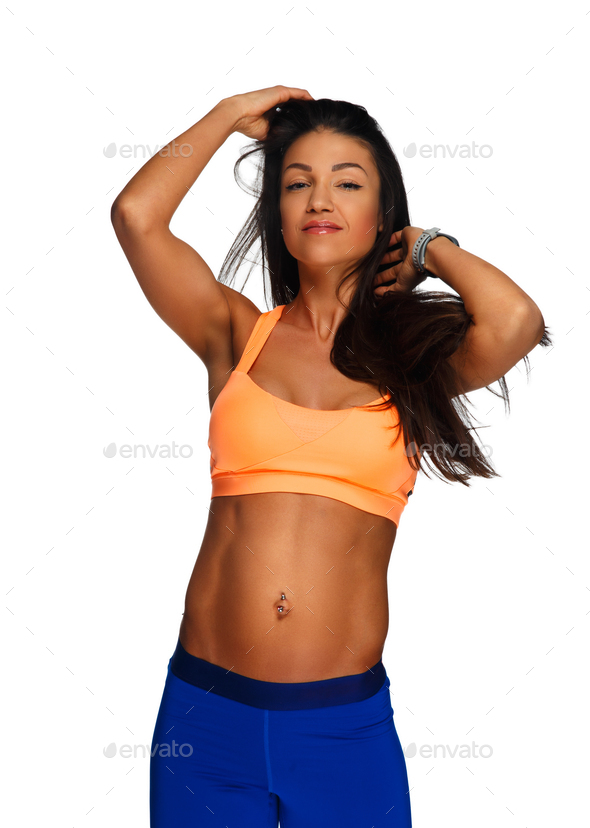 Fitness woman in a blue pants.