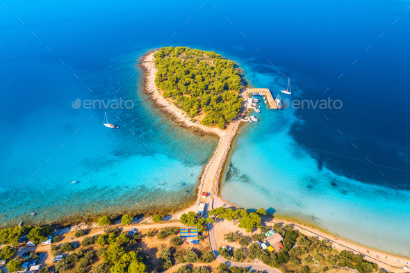 Aerial view of beutiful small island in sea bay at sunny day - Stock Photo - Images